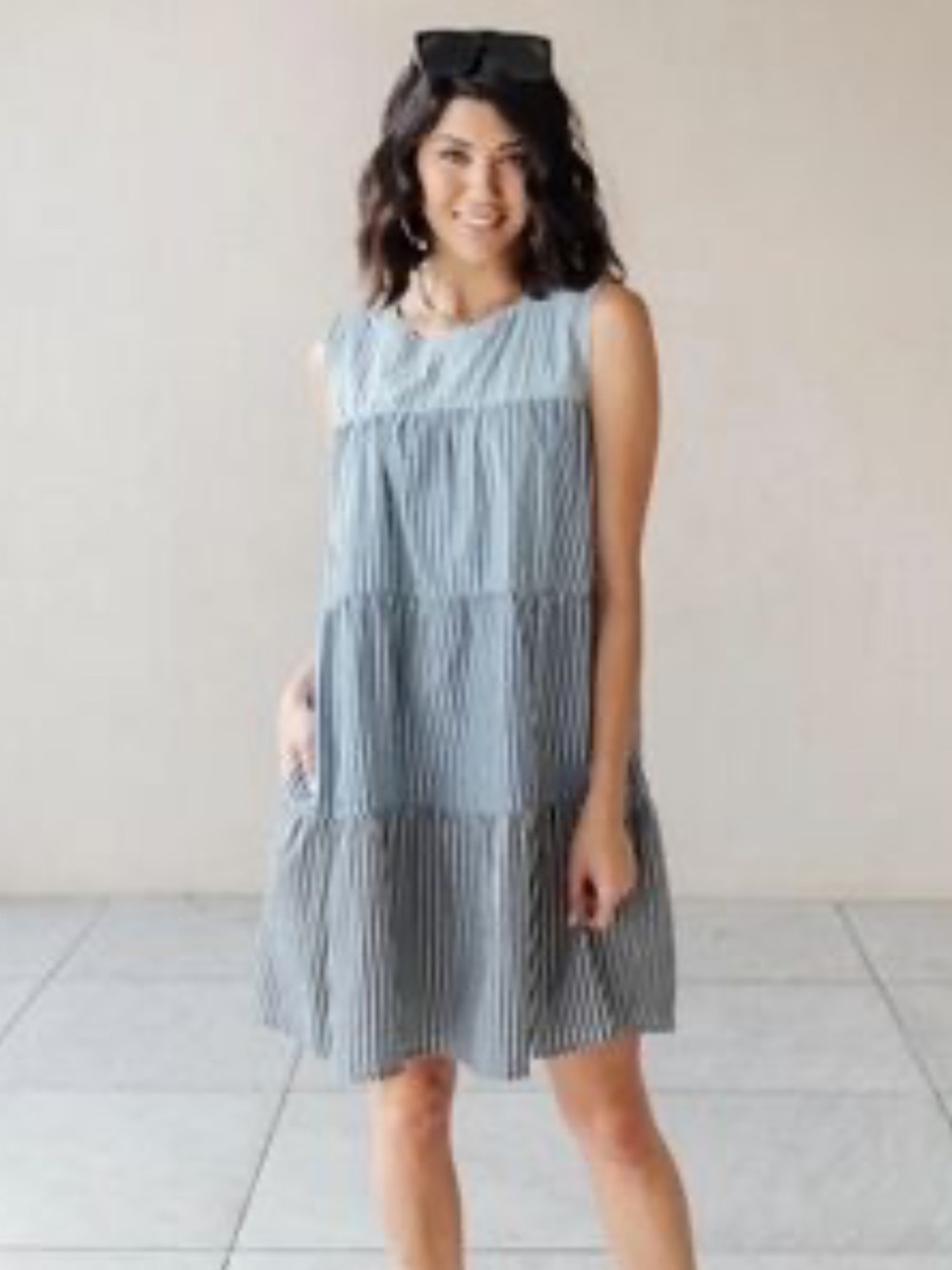 Cotton Bleu Sleeveless Blue Striped Cotton Midi Dress